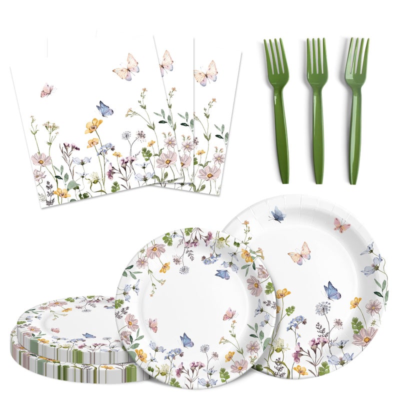 Audree 96 Pcs Wildflower Party Supplies 24 set Disposable Paper Plates and Napkins for Party Baby Shower Wedding Birthday Perfect for Guests Set Dinner and Dessert Plates Napkins Plastic Forks